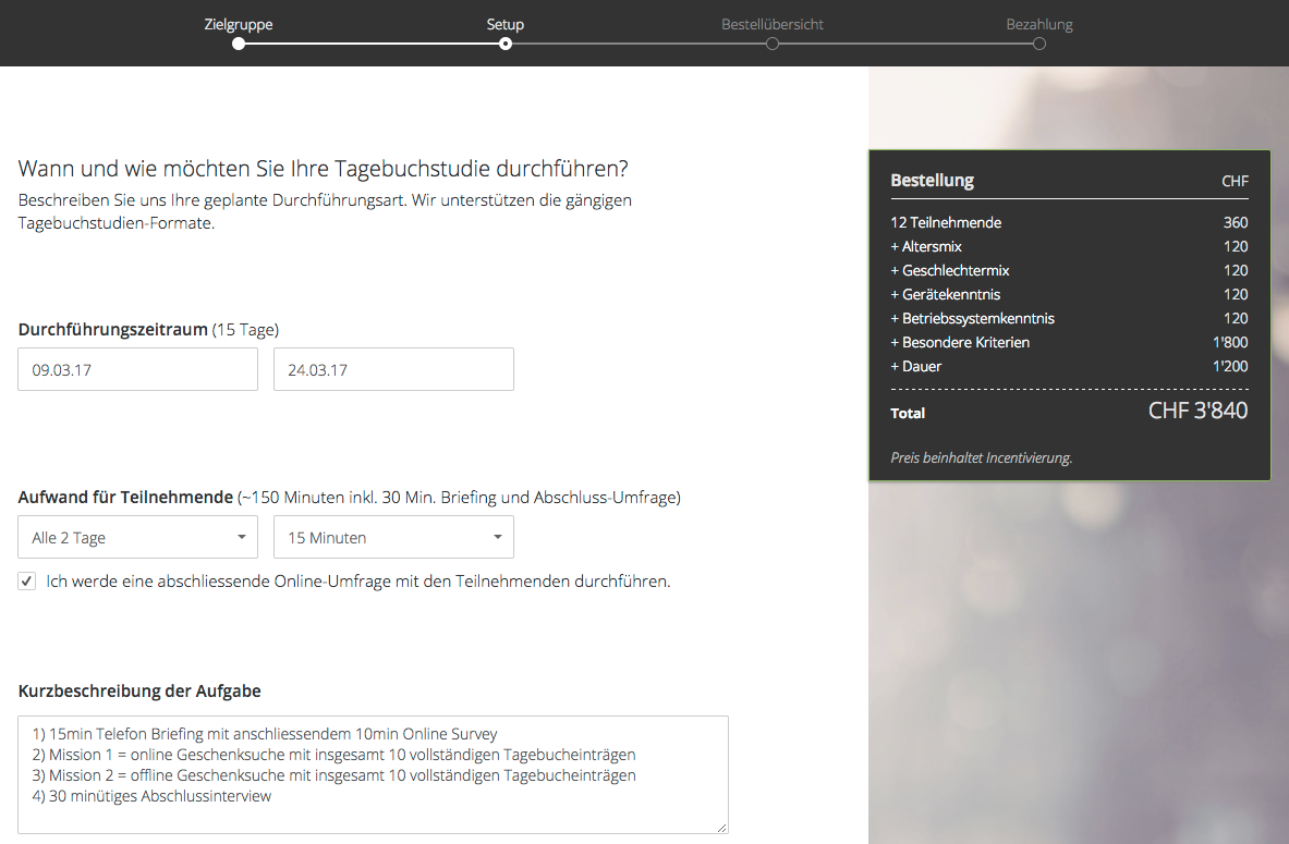 Screenshot des Tagebuch Bestellformulars auf TestingTime.com