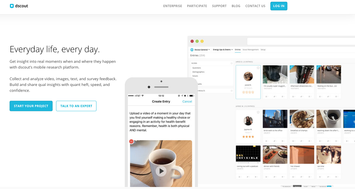 Screenshot of the dscout website – a platform specially designed for diary studies.