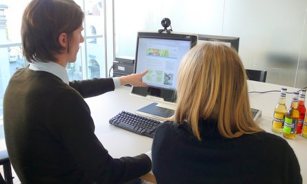 Thinking aloud: Test user explaining their thoughts on-screen during a usability testing process