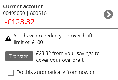  Illustration SEQ Illustration \* ARABIC 2: A bank account card with an overdraft warning and a transfer button