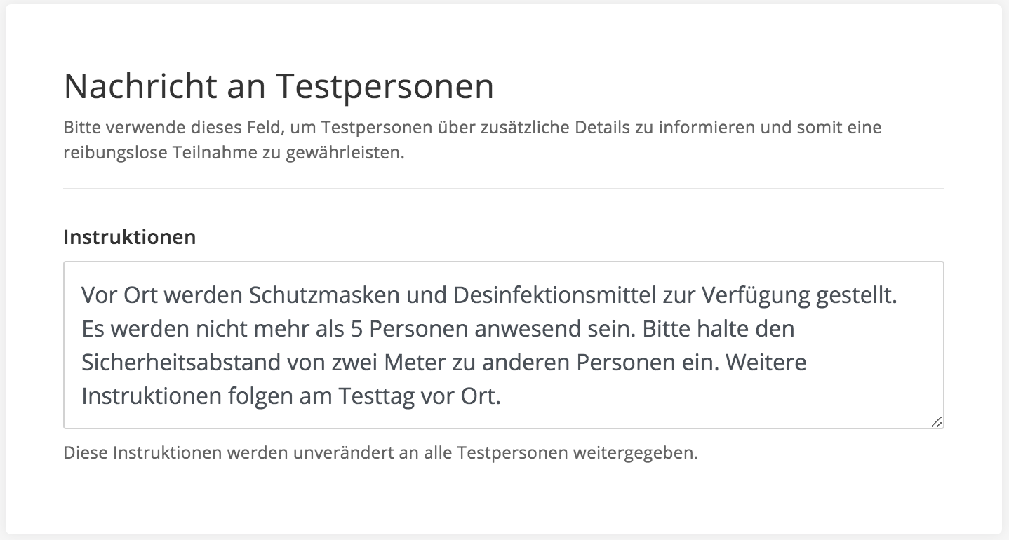 Mitteilung an Testpersonen