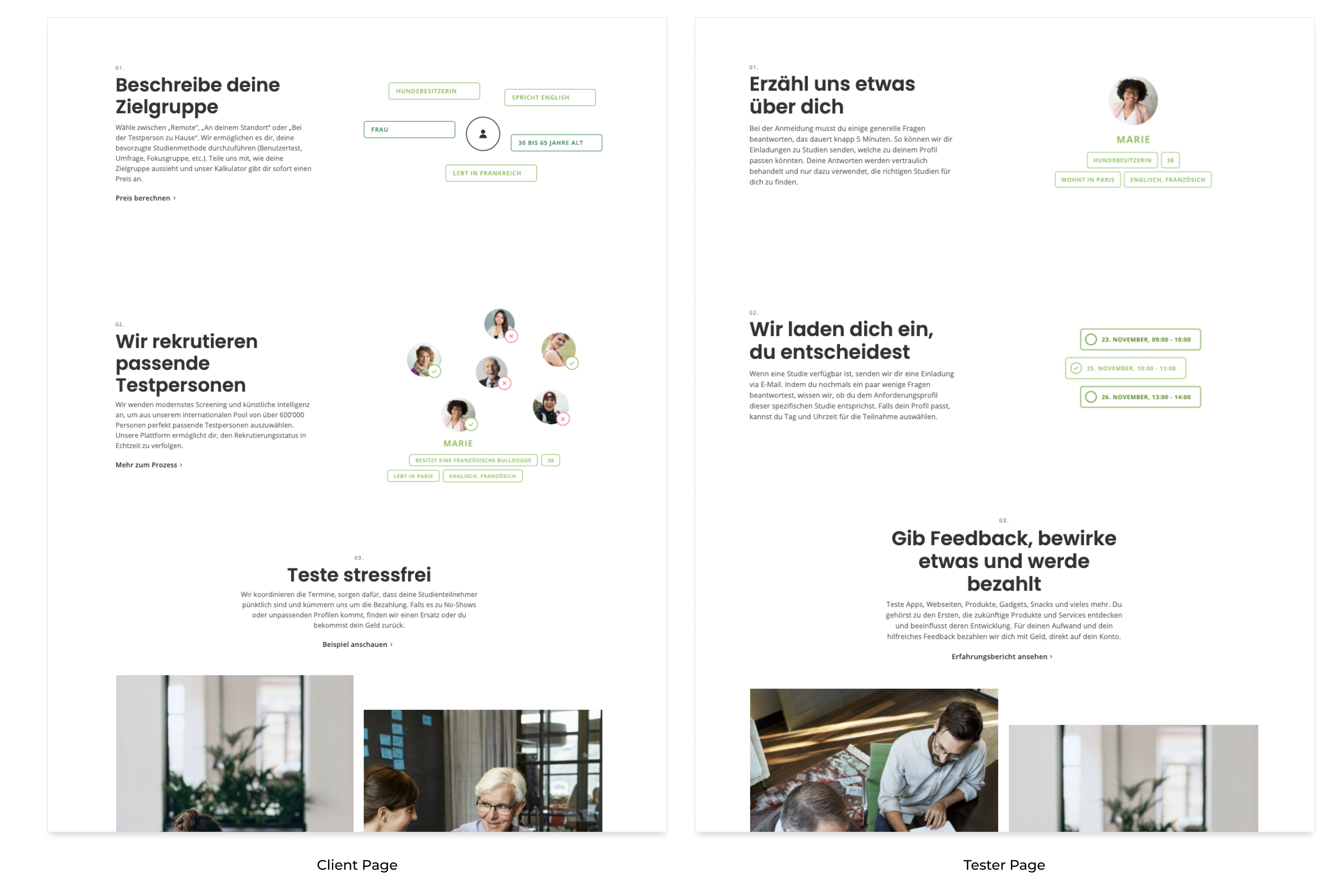 Kunden Homepage vs. Testpersonen-Registrierungsseite