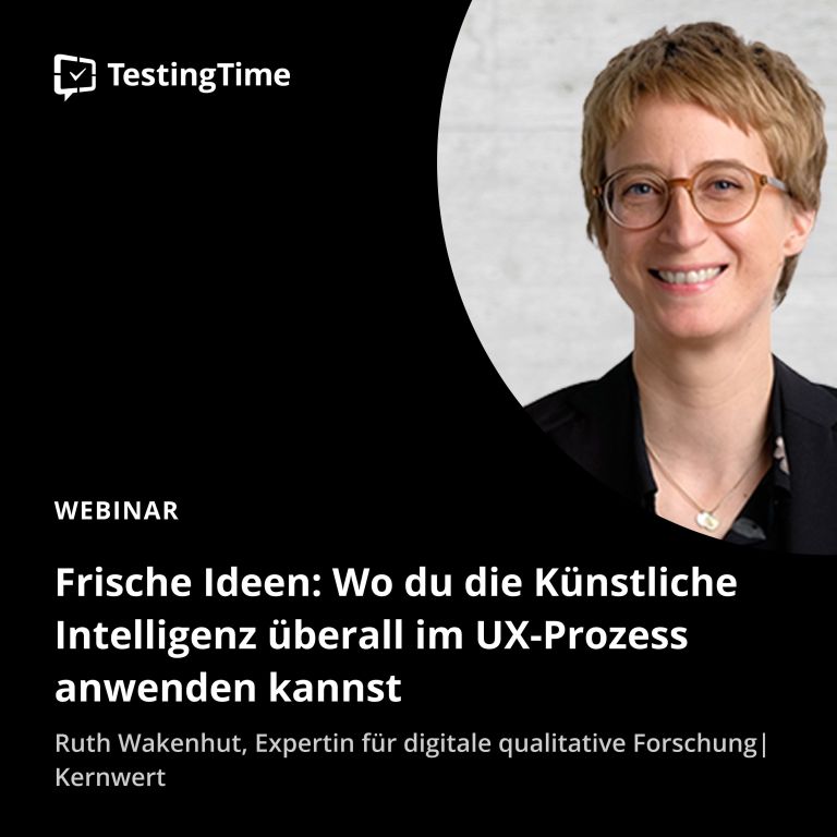 Webinar-Banner: Ruth Wakenhut, eine Frau mit kurzem, hellbraunem Haar, Brille und einem freundlichen Lächeln, ist abgebildet. Sie trägt einen schwarzen Blazer und eine dezente Halskette. Thema des Webinars: 'Frische Ideen: Wo du die Künstliche Intelligenz überall im UX-Prozess anwenden kannst'. Ruth Wakenhut ist Expertin für digitale qualitative Forschung bei Kernwert.