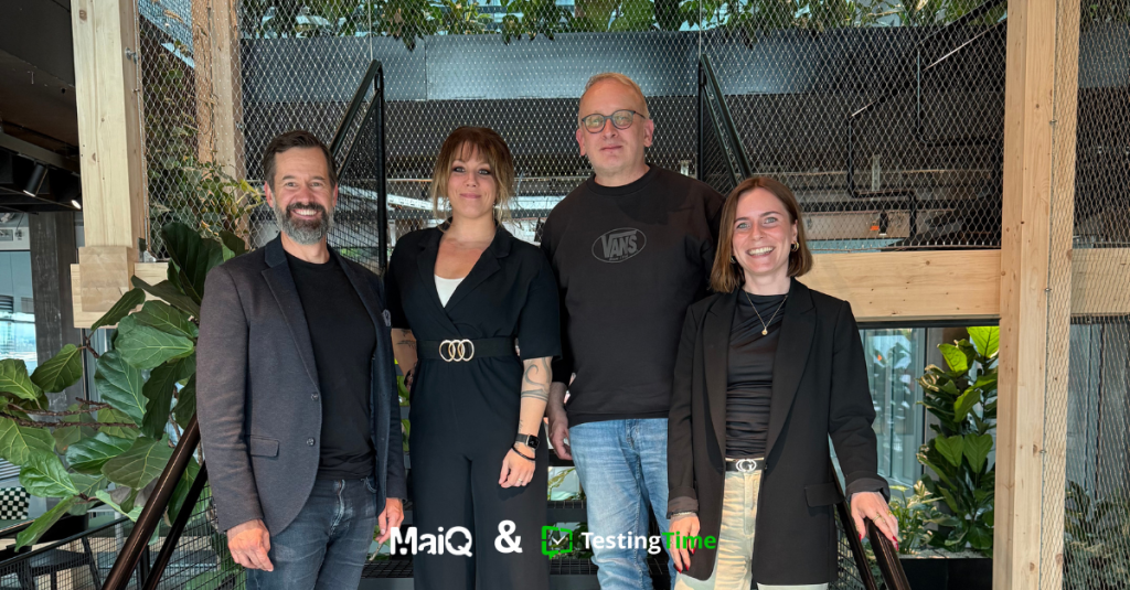Photo of MaiQ and TestingTime leadership, including from left to right Dave Lieber, Cinzia Bonetta, Sandro Toneatto and Aileen Klaile